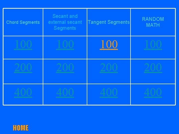 Chord Segments Secant and external secant Segments Tangent Segments RANDOM MATH 100 100 200