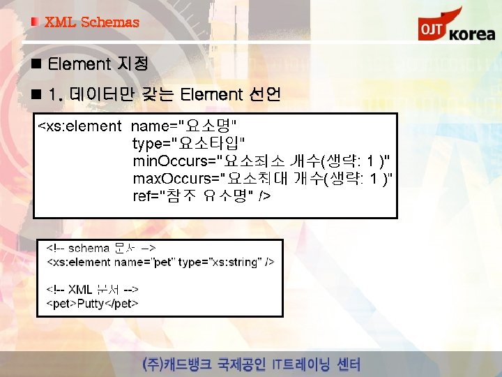 XML Schemas Element 지정 1. 데이터만 갖는 Element 선언 