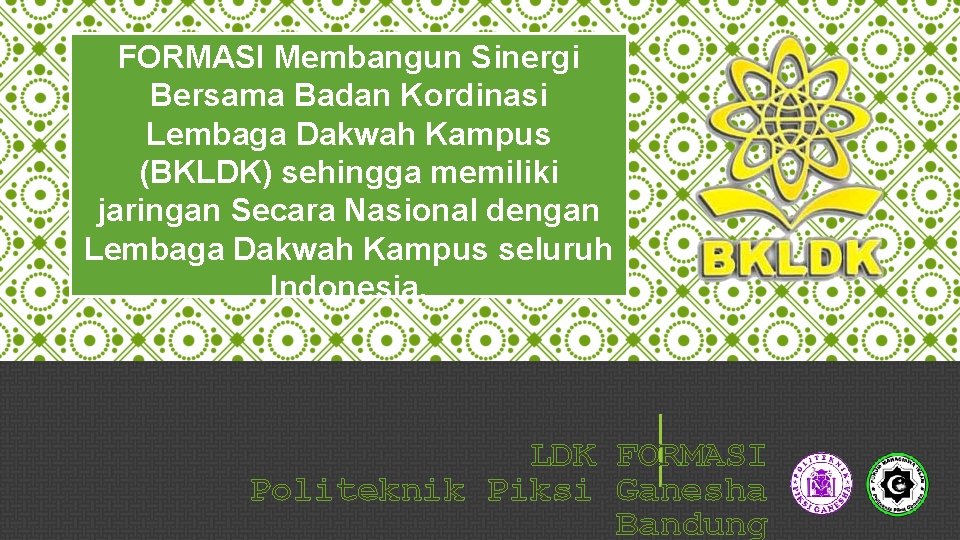 FORMASI Membangun Sinergi Bersama Badan Kordinasi Lembaga Dakwah Kampus (BKLDK) sehingga memiliki jaringan Secara