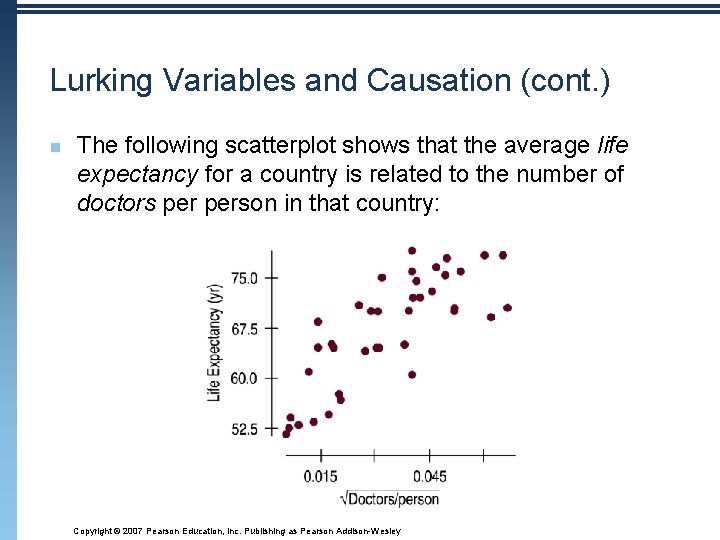 Lurking Variables and Causation (cont. ) n The following scatterplot shows that the average