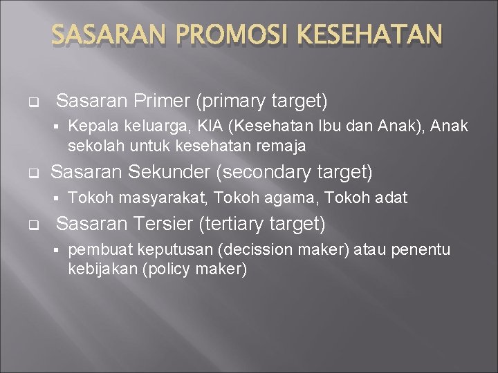 SASARAN PROMOSI KESEHATAN q Sasaran Primer (primary target) § q Sasaran Sekunder (secondary target)