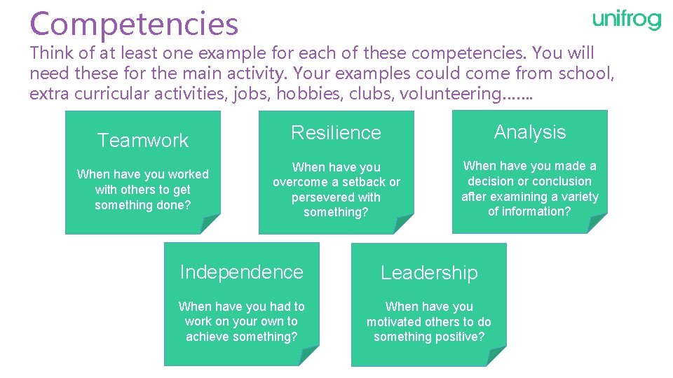 Competencies Think of at least one example for each of these competencies. You will