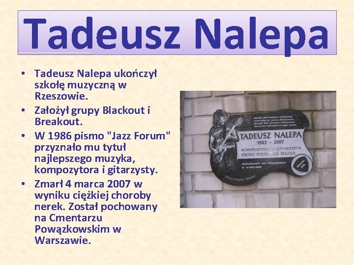 Tadeusz Nalepa • Tadeusz Nalepa ukończył szkołę muzyczną w Rzeszowie. • Założył grupy Blackout