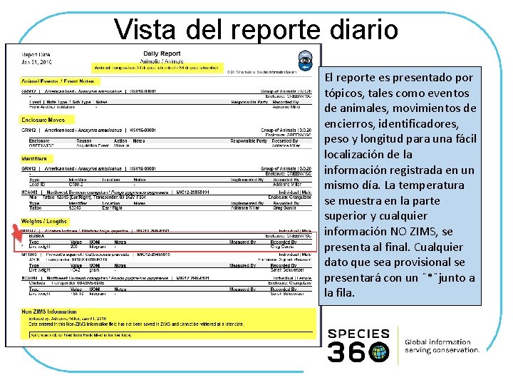 Vista del reporte diario El reporte es presentado por tópicos, tales como eventos de