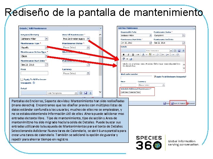 Rediseño de la pantalla de mantenimiento Pantallas de Encierros, Soporte de vida y Mantenimiento