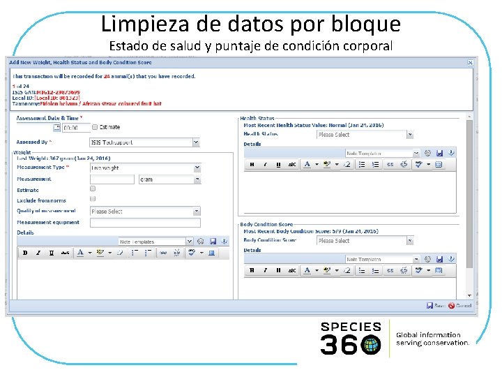 Limpieza de datos por bloque Estado de salud y puntaje de condición corporal 