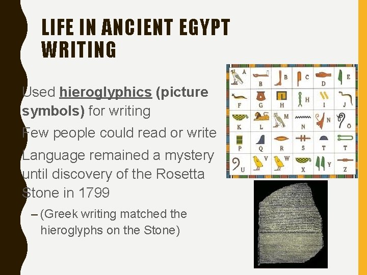 LIFE IN ANCIENT EGYPT WRITING • Used hieroglyphics (picture symbols) for writing • Few