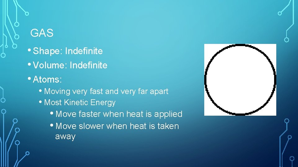 GAS • Shape: Indefinite • Volume: Indefinite • Atoms: • Moving very fast and GAS • Shape: Indefinite • Volume: Indefinite • Atoms: • Moving very fast and