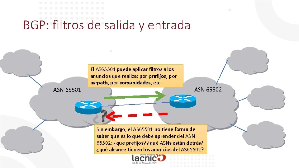 BGP: filtros de salida y entrada ASN 65501 El AS 65501 puede aplicar filtros