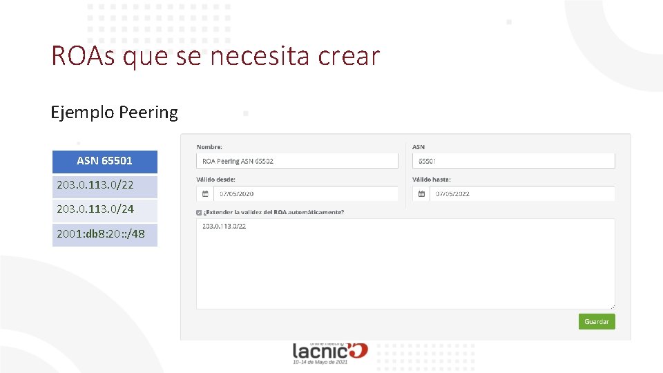 ROAs que se necesita crear Ejemplo Peering ASN 65501 203. 0. 113. 0/22 203.