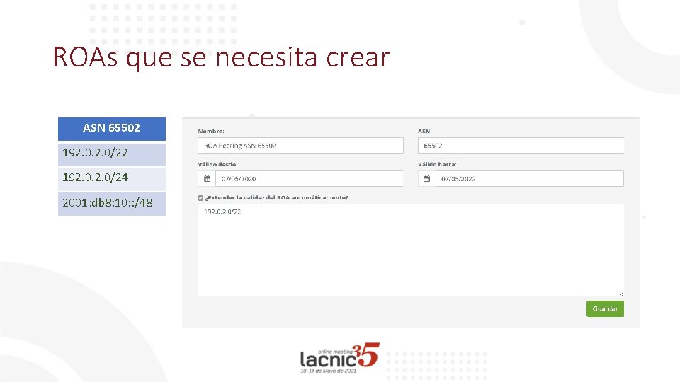 ROAs que se necesita crear ASN 65502 192. 0/24 2001: db 8: 10: :