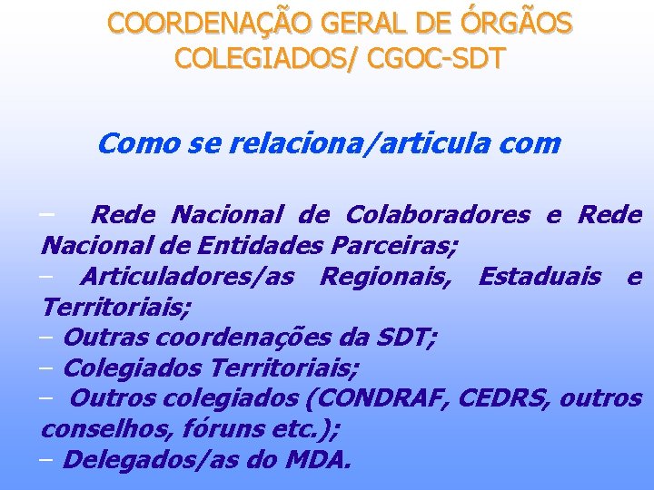 COORDENAÇÃO GERAL DE ÓRGÃOS COLEGIADOS/ CGOC-SDT Como se relaciona/articula com – Rede Nacional de