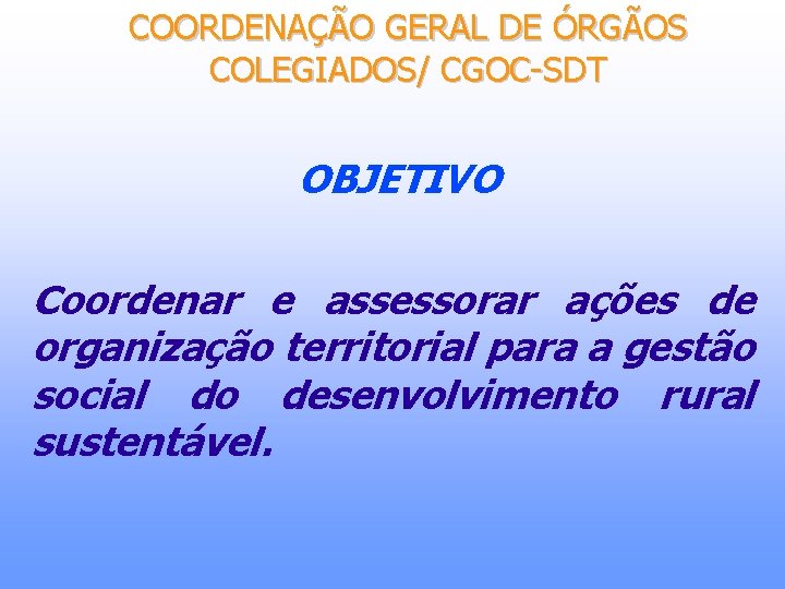 COORDENAÇÃO GERAL DE ÓRGÃOS COLEGIADOS/ CGOC-SDT OBJETIVO Coordenar e assessorar ações de organização territorial