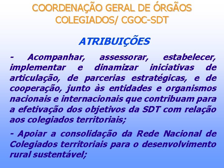 COORDENAÇÃO GERAL DE ÓRGÃOS COLEGIADOS/ CGOC-SDT ATRIBUIÇÕES Acompanhar, assessorar, estabelecer, implementar e dinamizar iniciativas