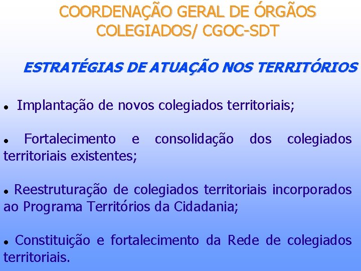 COORDENAÇÃO GERAL DE ÓRGÃOS COLEGIADOS/ CGOC-SDT ESTRATÉGIAS DE ATUAÇÃO NOS TERRITÓRIOS Implantação de novos