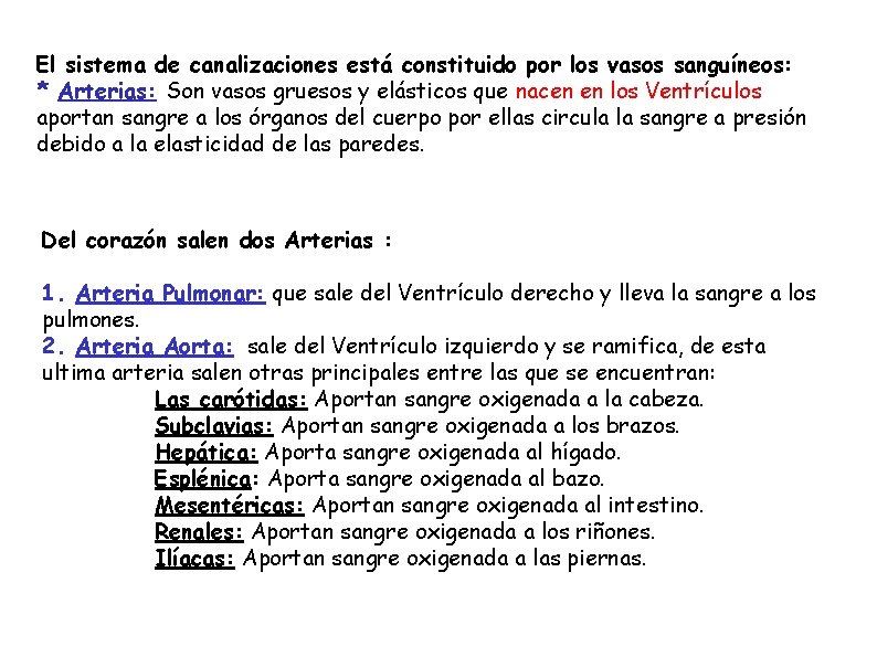 El sistema de canalizaciones está constituido por los vasos sanguíneos: * Arterias: Son vasos