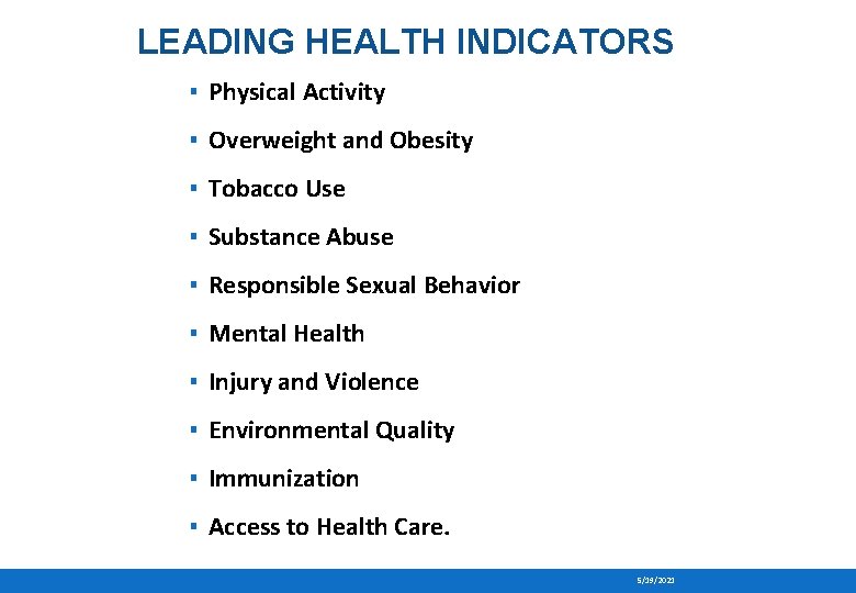 LEADING HEALTH INDICATORS ▪ Physical Activity ▪ Overweight and Obesity ▪ Tobacco Use ▪