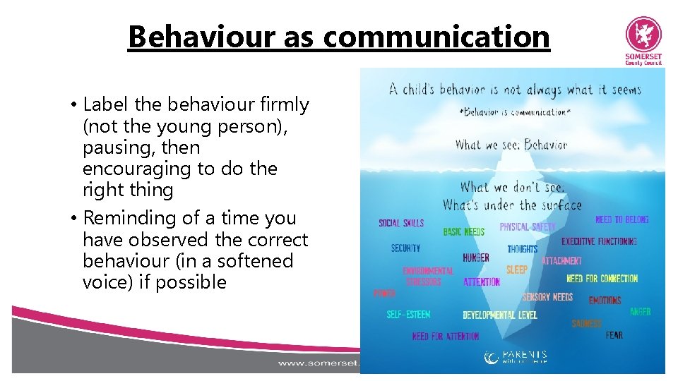 Behaviour as communication • Label the behaviour firmly (not the young person), pausing, then