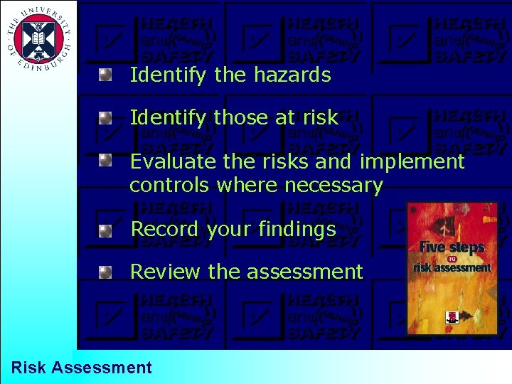 Identify the hazards Identify those at risk Evaluate the risks and implement controls where