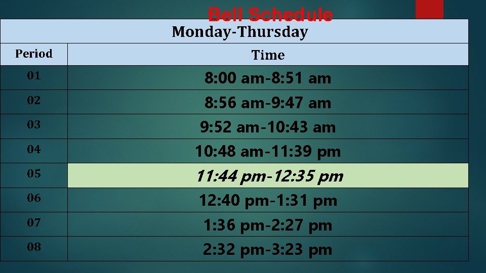 Bell Schedule Monday-Thursday Period Time 01 8: 00 am-8: 51 am 02 8: 56