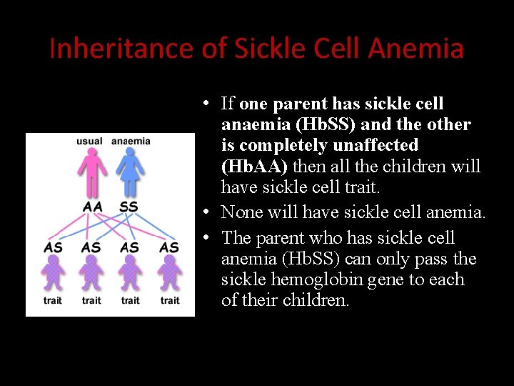 Inheritance of Sickle Cell Anemia • If one parent has sickle cell anaemia (Hb.