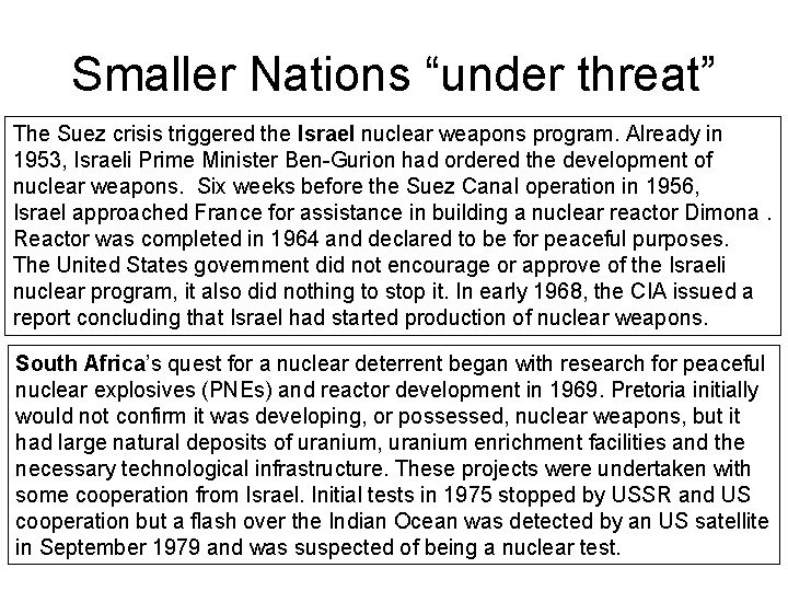 Smaller Nations “under threat” The Suez crisis triggered the Israel nuclear weapons program. Already