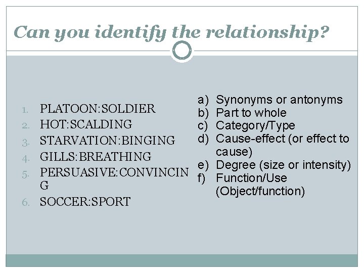 Can you identify the relationship? 1. 2. 3. 4. 5. 6. a) b) c)
