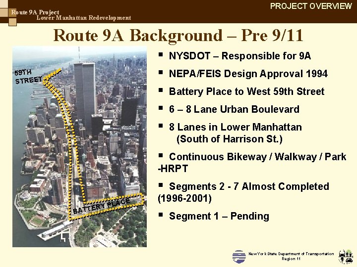PROJECT OVERVIEW Route 9 A Project Lower Manhattan Redevelopment Route 9 A Background –