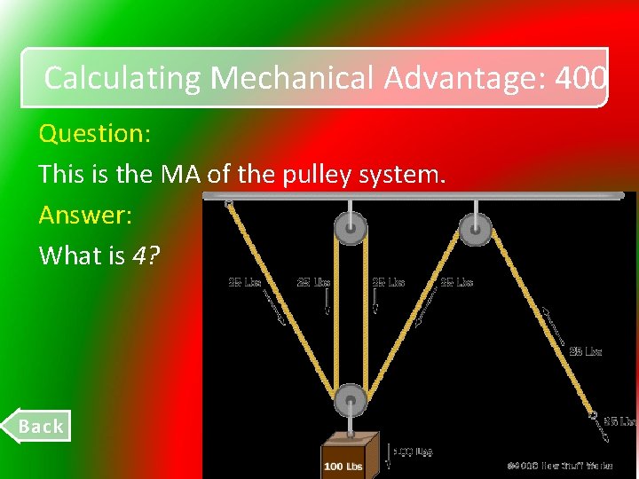 Calculating Mechanical Advantage: 400 Question: This is the MA of the pulley system. Answer: