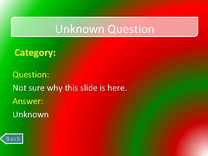 Unknown Question Category: Question: Not sure why this slide is here. Answer: Unknown Back