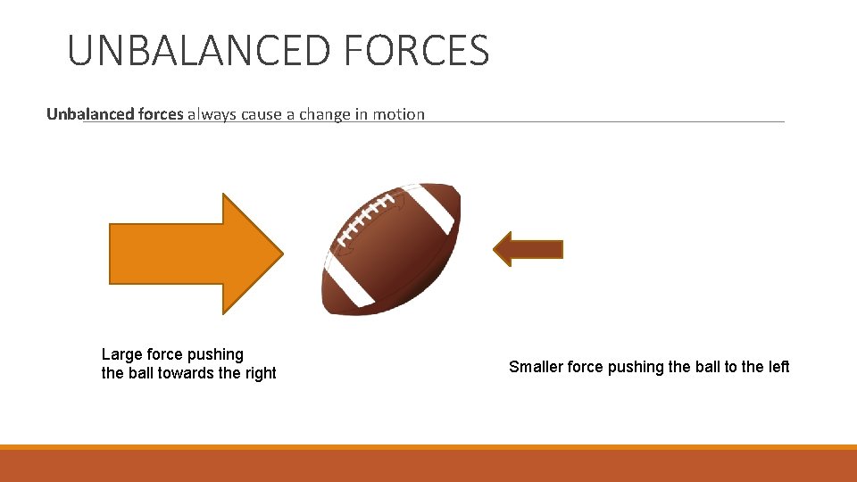 UNBALANCED FORCES Unbalanced forces always cause a change in motion Large force pushing the