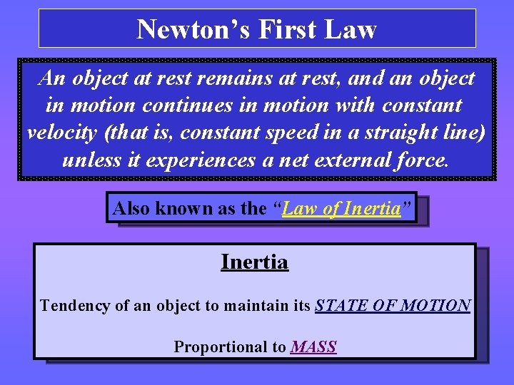 Newton’s First Law An object at rest remains at rest, and an object in