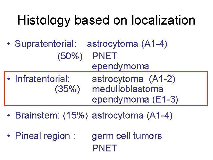 Histology based on localization • Supratentorial: astrocytoma (A 1 -4) (50%) PNET ependymoma •
