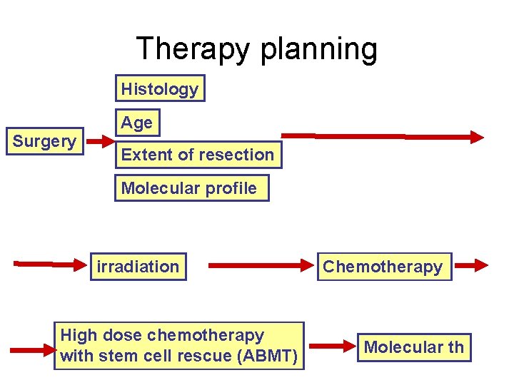 Therapy planning Histology Surgery Age Extent of resection Molecular profile irradiation High dose chemotherapy