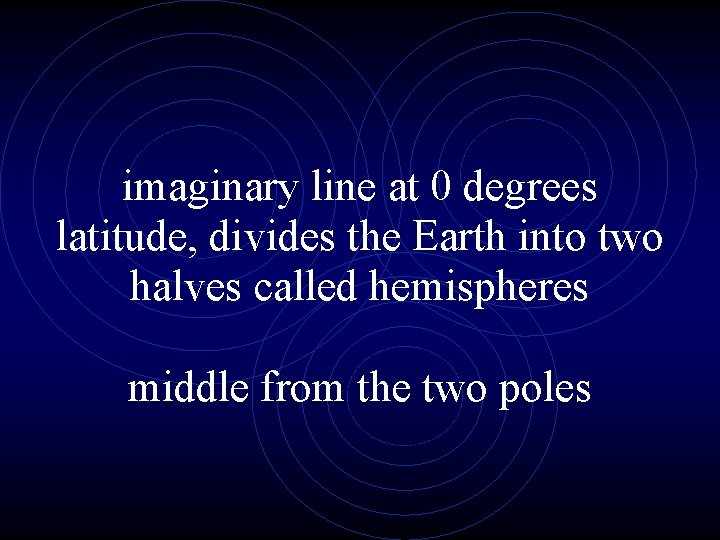 imaginary line at 0 degrees latitude, divides the Earth into two halves called hemispheres