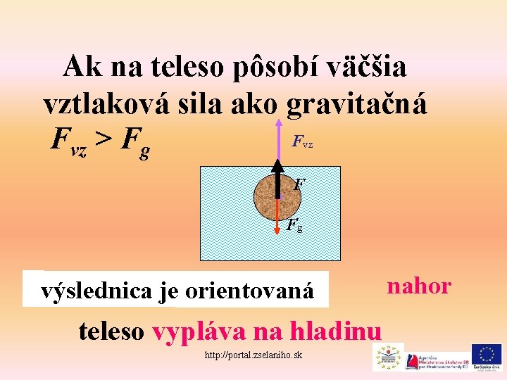 Ak na teleso pôsobí väčšia vztlaková sila ako gravitačná F Fvz > Fg vz