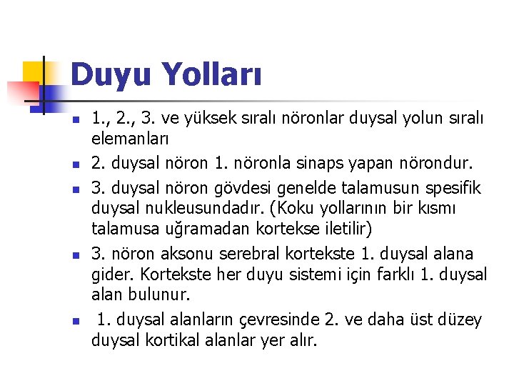 Duyu Yolları n n n 1. , 2. , 3. ve yüksek sıralı nöronlar