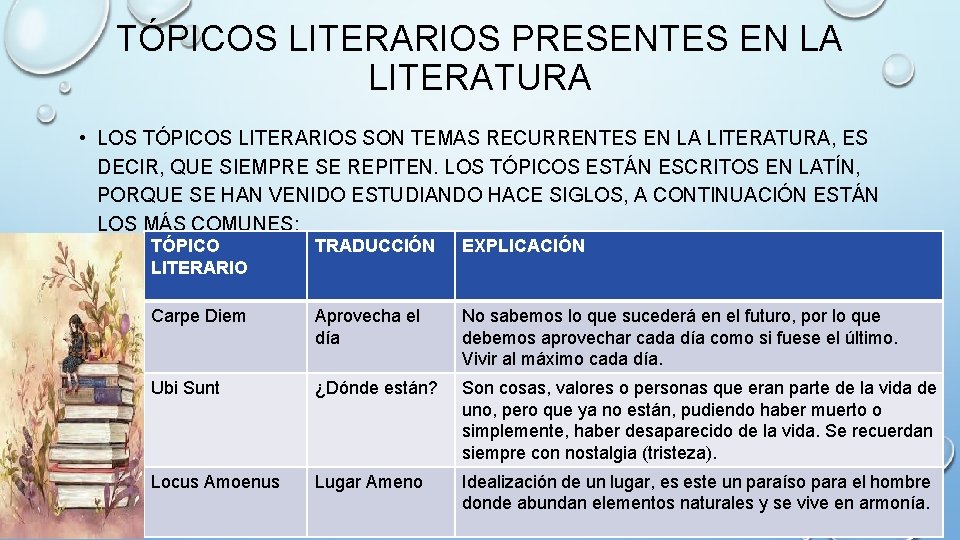 TÓPICOS LITERARIOS PRESENTES EN LA LITERATURA • LOS TÓPICOS LITERARIOS SON TEMAS RECURRENTES EN