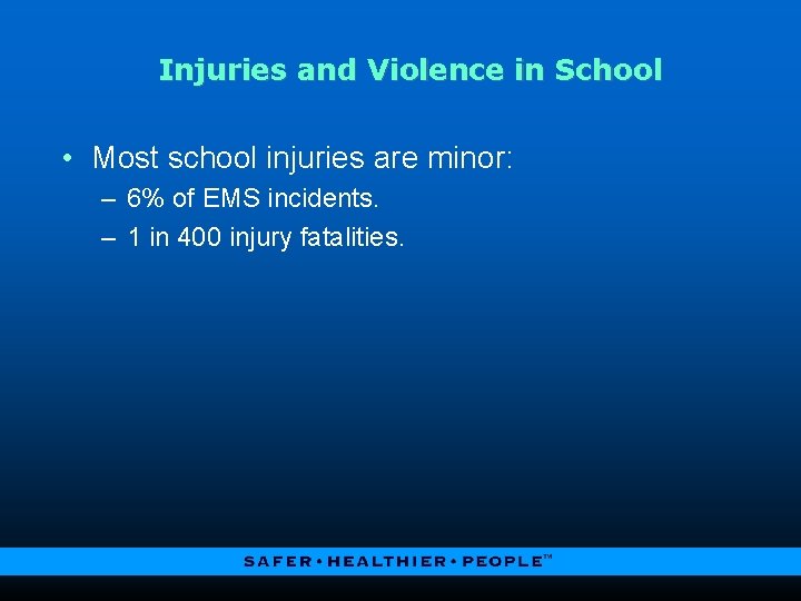 Injuries and Violence in School • Most school injuries are minor: – 6% of