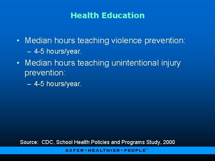 Health Education • Median hours teaching violence prevention: – 4 -5 hours/year. • Median