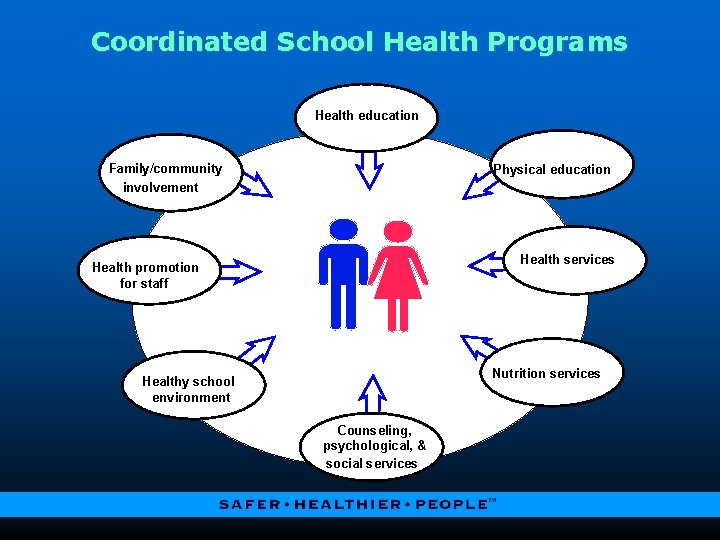 Coordinated School Health Programs Health education Family/community involvement Physical education Health services Health promotion