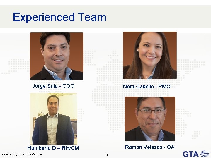 Experienced Team Jorge Sala - COO Nora Cabello - PMO Ramon Velasco - QA