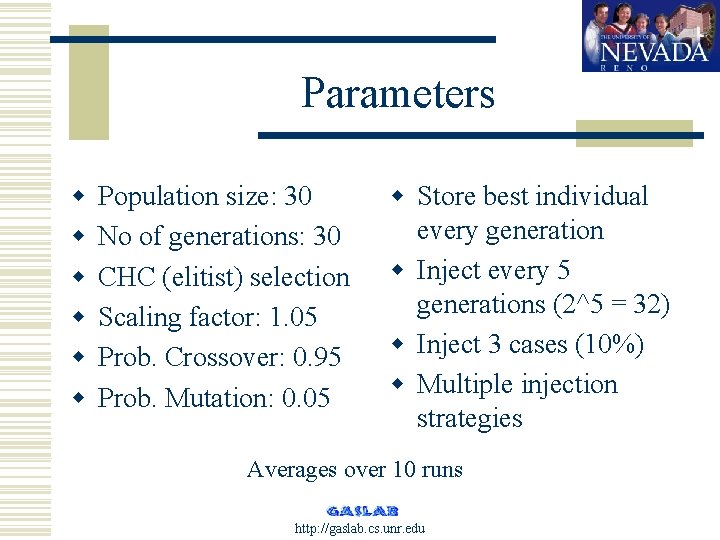 Parameters w w w Population size: 30 No of generations: 30 CHC (elitist) selection