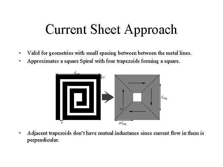 Current Sheet Approach • • Valid for geometries with small spacing between the metal