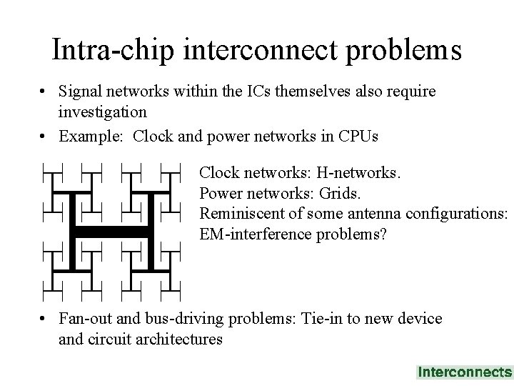 Intra-chip interconnect problems • Signal networks within the ICs themselves also require investigation •