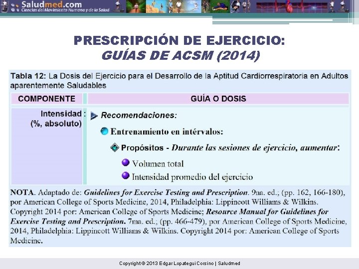 PRESCRIPCIÓN DE EJERCICIO: GUÍAS DE ACSM (2014) Copyright © 2013 Edgar Lopategui Corsino |