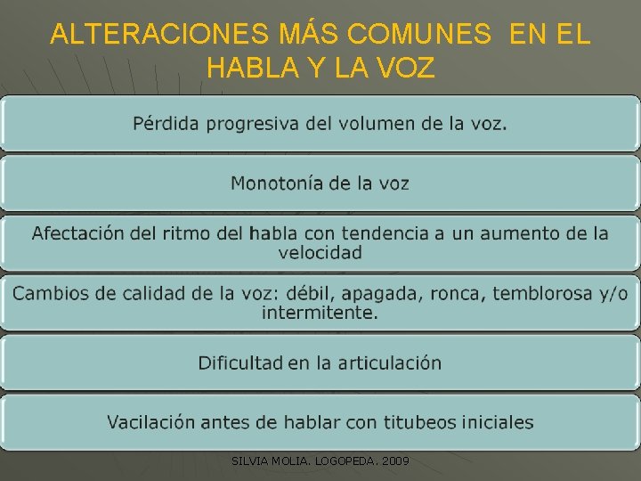 ALTERACIONES MÁS COMUNES EN EL HABLA Y LA VOZ SILVIA MOLIA. LOGOPEDA. 2009 