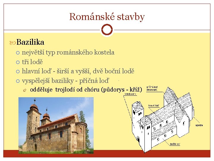 Románské stavby Bazilika největší typ románského kostela tři lodě hlavní loď - širší a