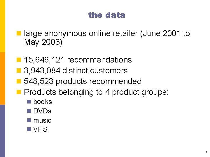 the data n large anonymous online retailer (June 2001 to May 2003) n n