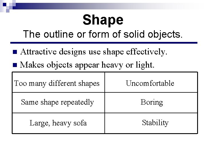 Shape The outline or form of solid objects. Attractive designs use shape effectively. n